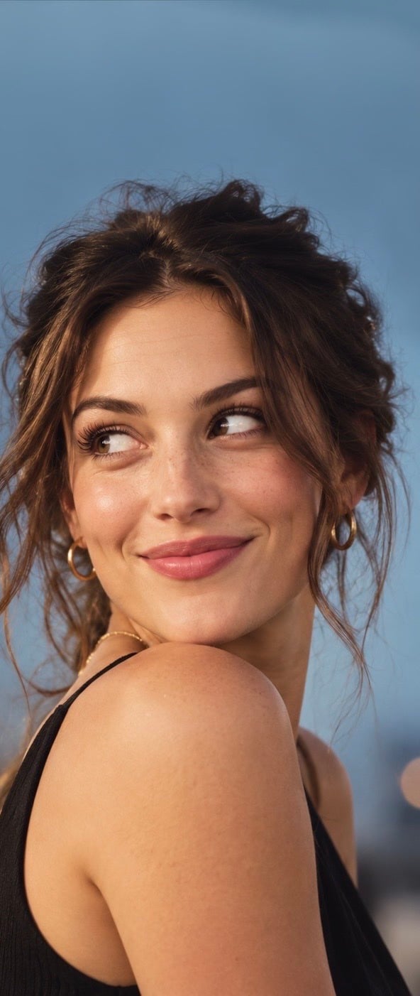 A woman smiling over her shoulder at an evening gathering